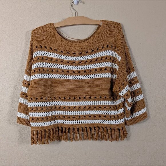 Lou & Grey for Loft Open Knit Crochet Sweater Striped Fringe Western M - Picture 4 of 7